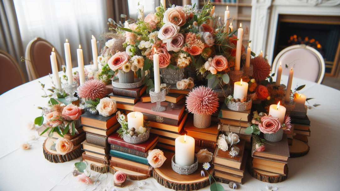 A wedding centerpiece made of books, flowers, candles, and unfinished wood