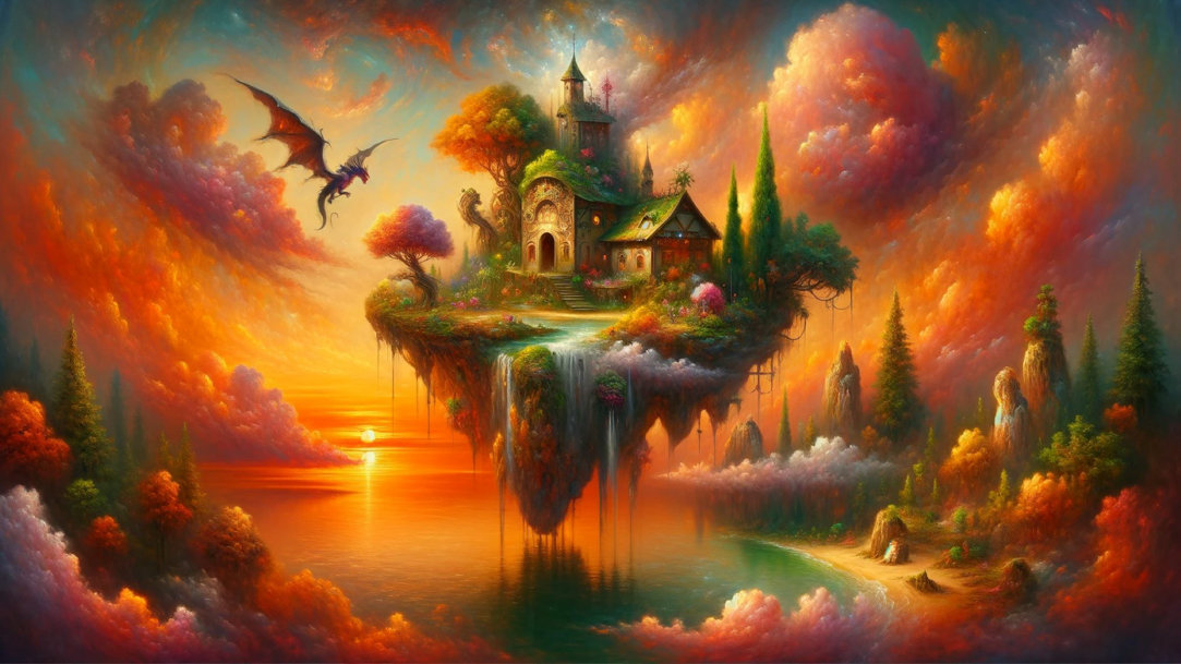 A whimsical image depicting a fantasy world in the style of an oil painting