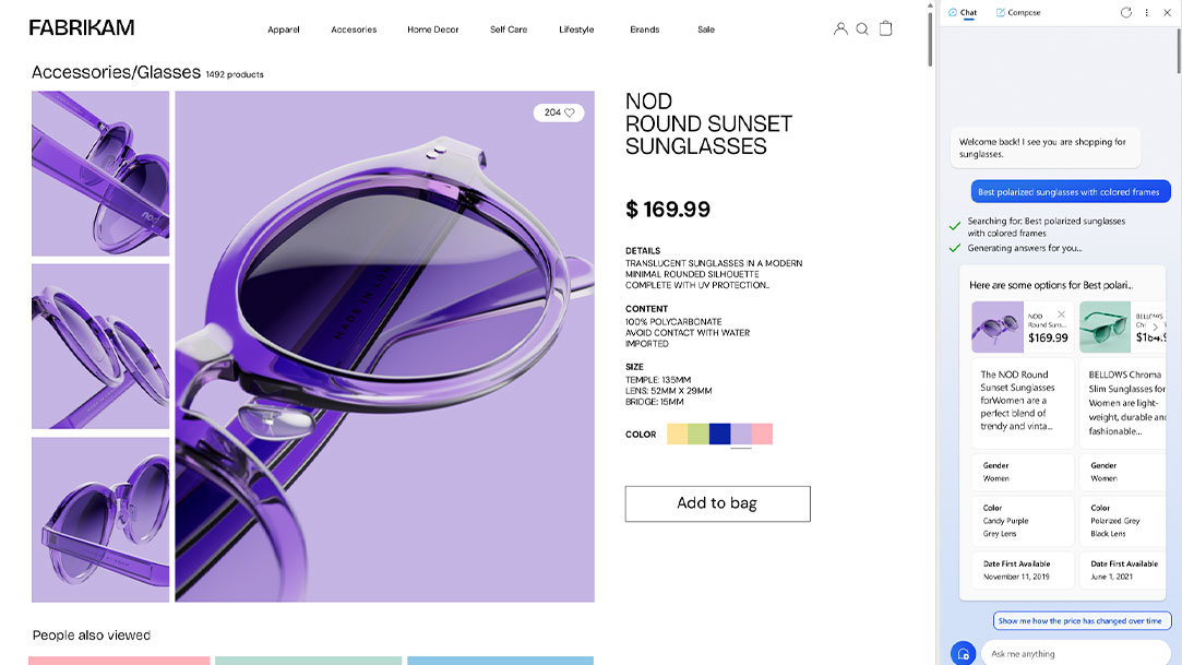 A window showing a shopping page with sunglasses with description and price details