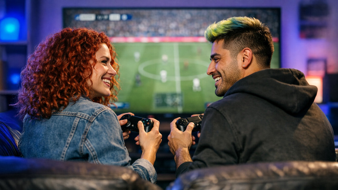 A woman and man in a living room using wireless controllers for gaming