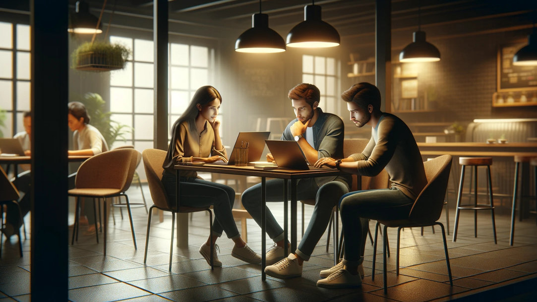 A woman and two men sitting at a table with their computers