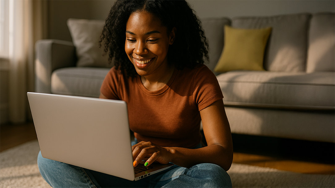 A woman at home exploring best laptops for browsing and video calls