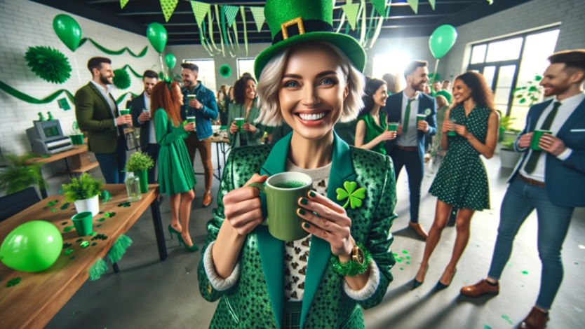 A woman holding a green mug while dressed in green clothing at an office’s St. Patrick’s Day party