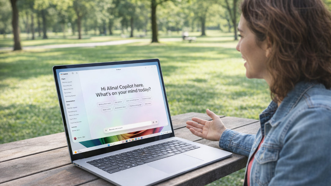 A woman in a park using a Copilot+ PC and having a conversation with Copilot