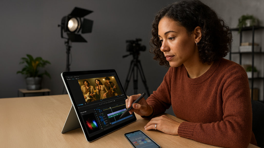 A woman in a studio using a Surface Pro and Surface Slim Pen for video editing
