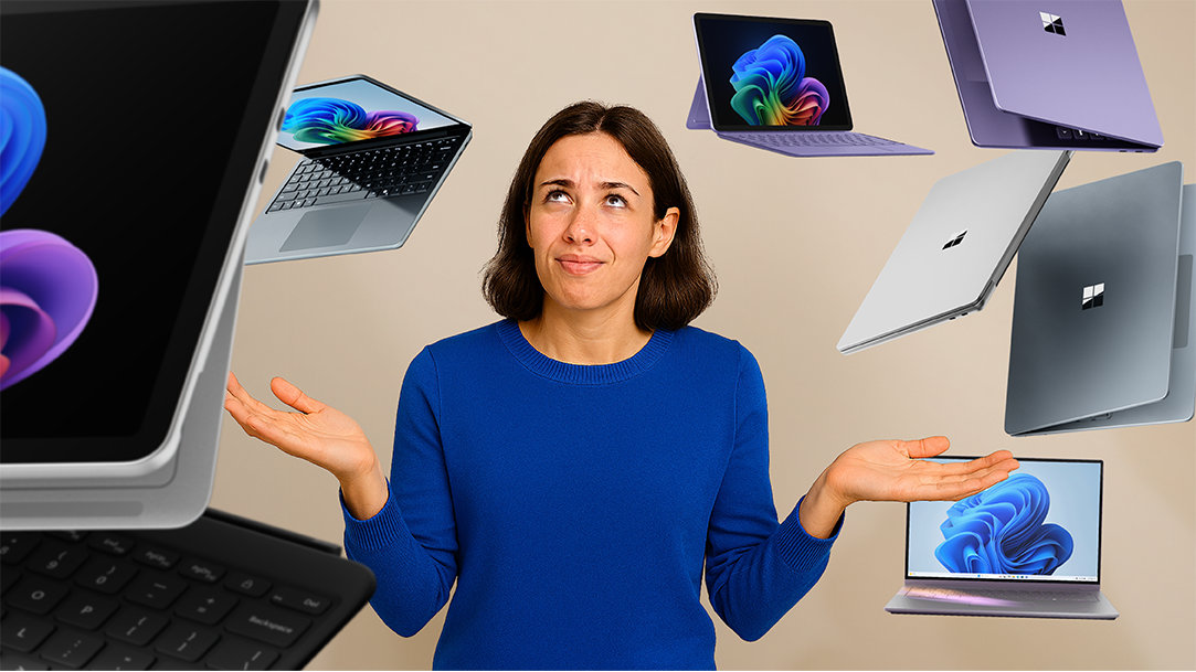 A woman juggling choice of a Surface Laptops, Surface Pro, and Windows PC laptops