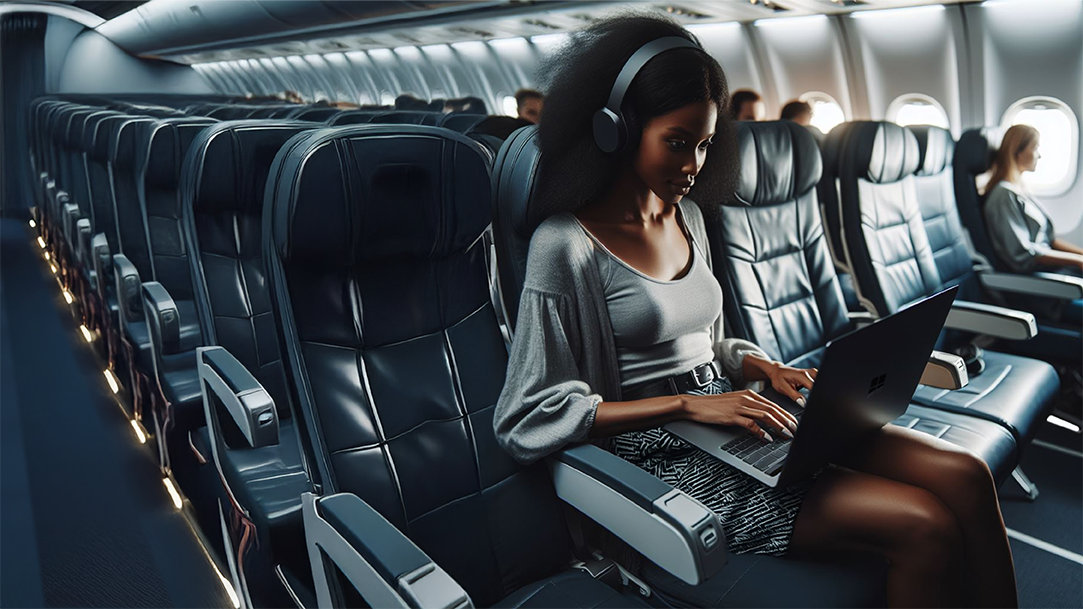 A woman on a plane using Microsoft Edge’s efficiency mode to conserve battery life