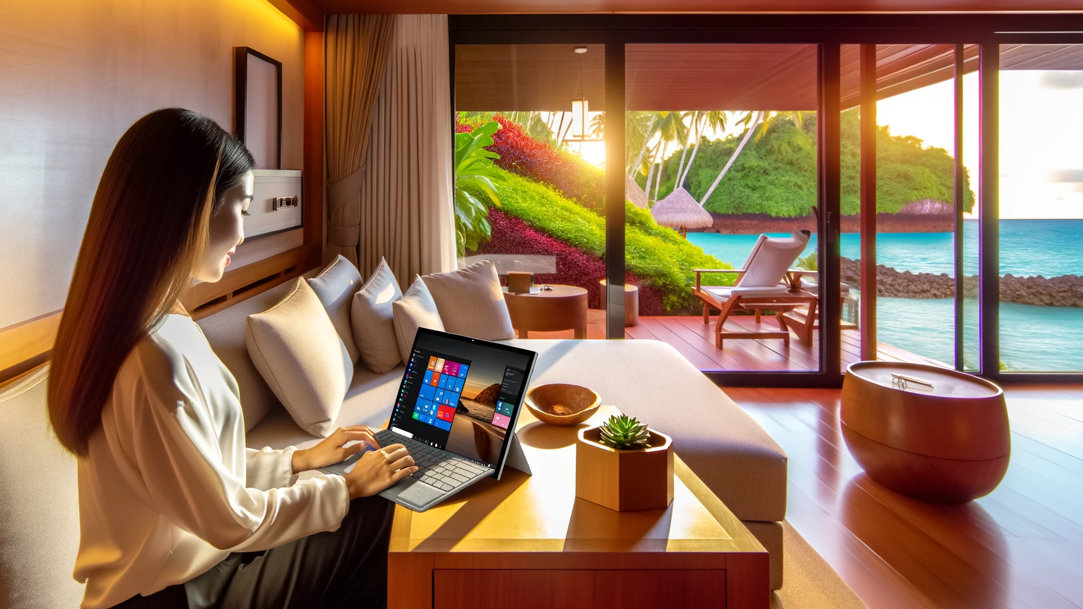 A woman sitting in a villa working by the ocean