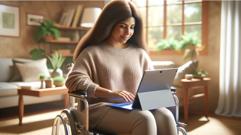 A woman sitting in a wheelchair using a Surface device