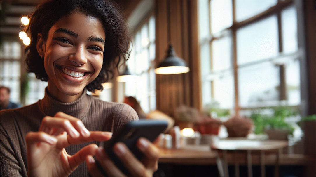 A woman smiles at the camera while using the Copilot messaging assistant tools on her phone