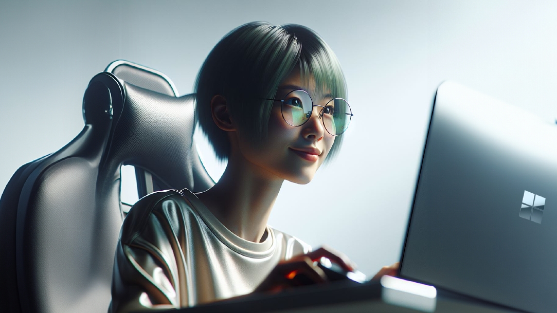 A woman smiling and working on a Microsoft Surface