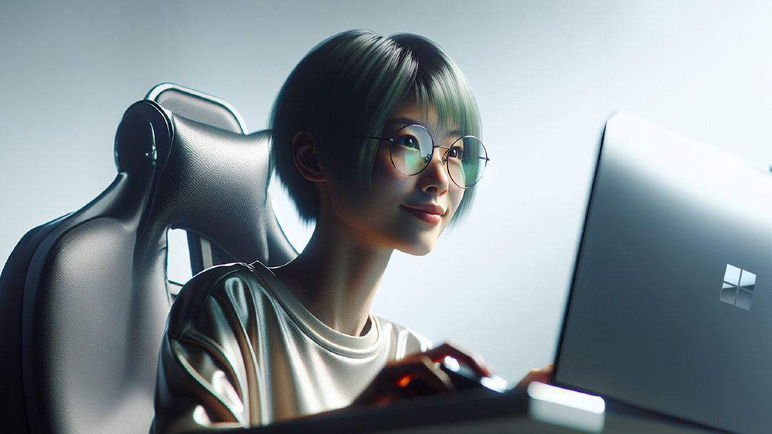 A woman smiling and working on a Microsoft Surface laptop