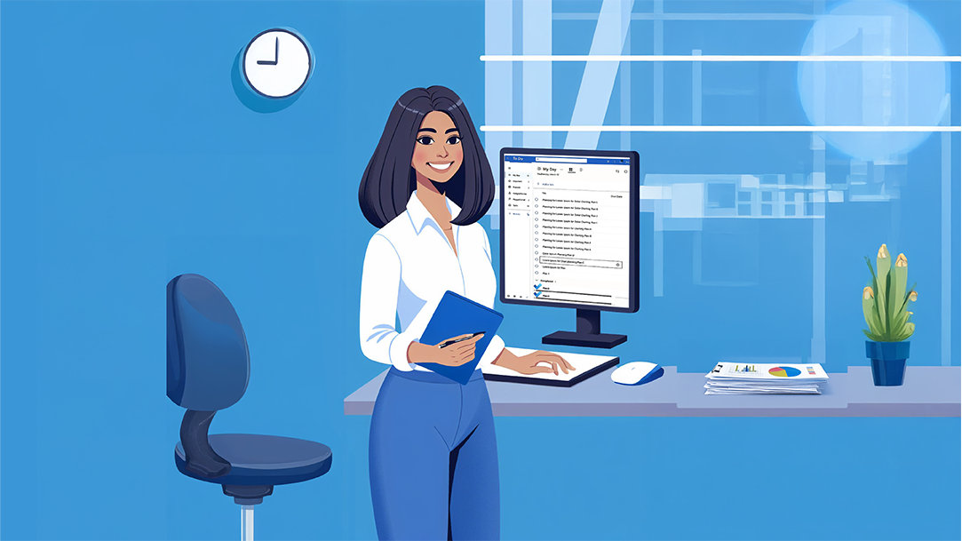 A woman standing by a Windows desktop computer showing how her productivity app created an organized to-do-list
