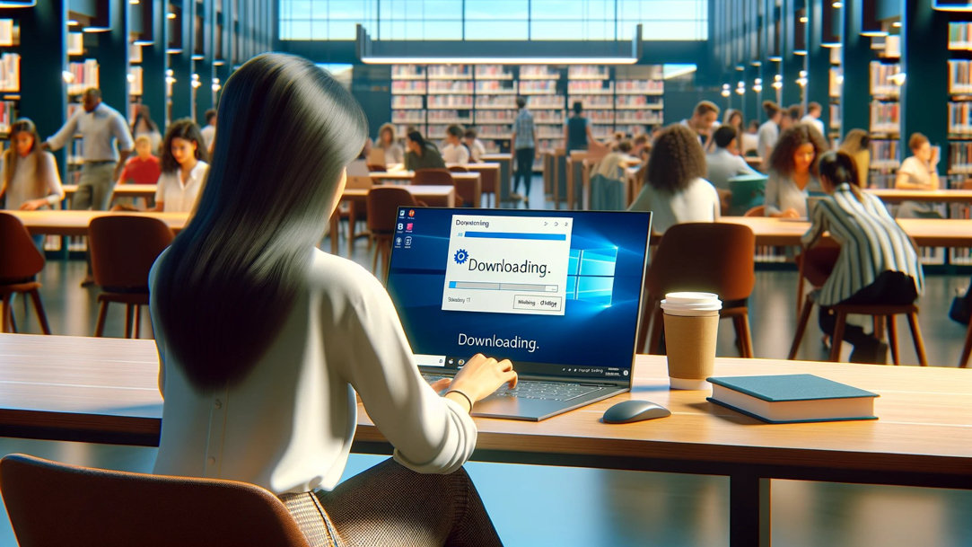 A woman using a laptop in a library