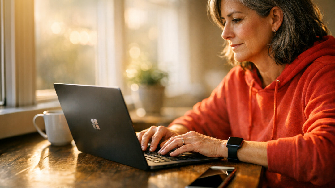 A woman using keyboard shortcuts on a Windows laptop at a desk, with light coming through the windows