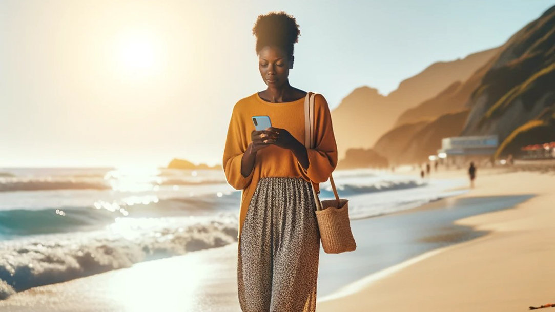 A woman walking on a beach’s shoreside with the sun shining on her as she uses her cell phone