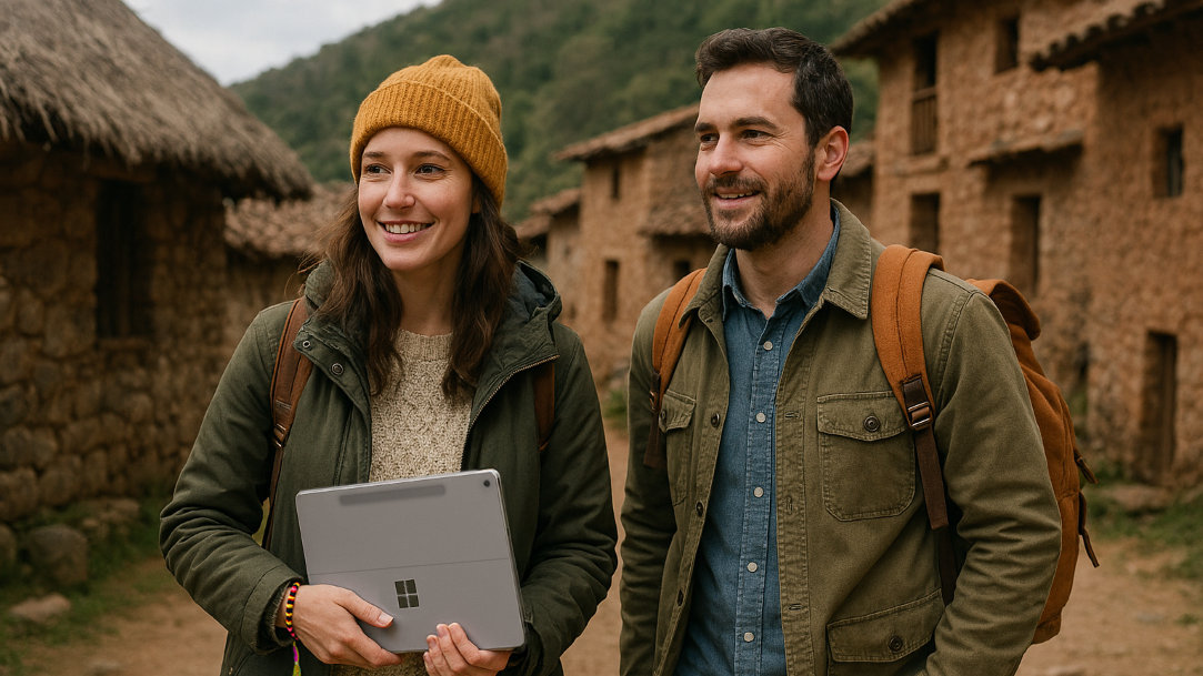 A woman with a Surface Pro in her hands and a man wearing a backpack traveling in a remote village