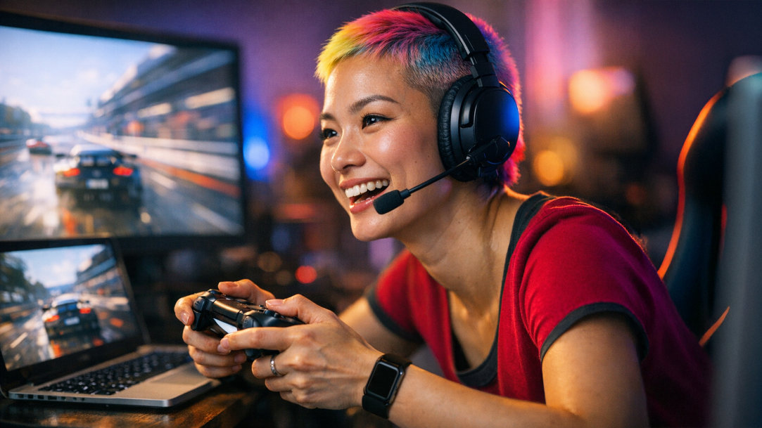 A young female gamer playing a video game with a controller and headphones