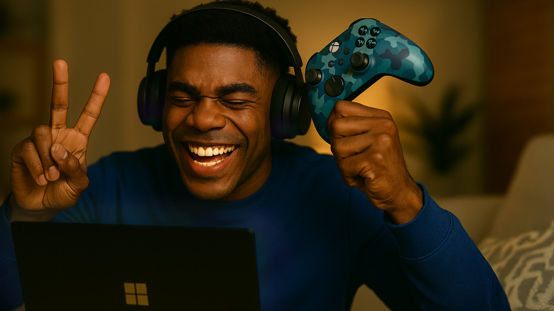 A young man celebrating a big score on his gaming laptop