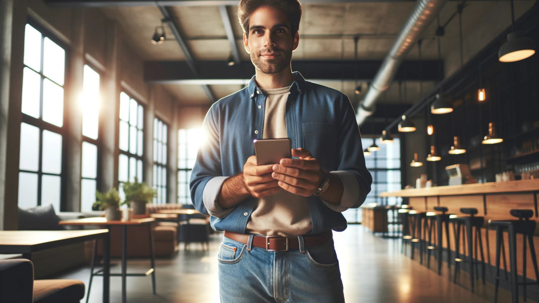 A young man confidently using his smartphone