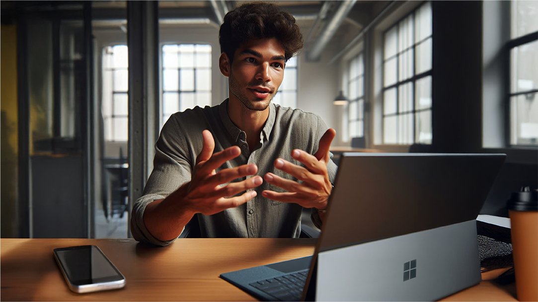 A young man is talking and gesturing while looking at his Surface Laptop computer in a naturally-lit room
