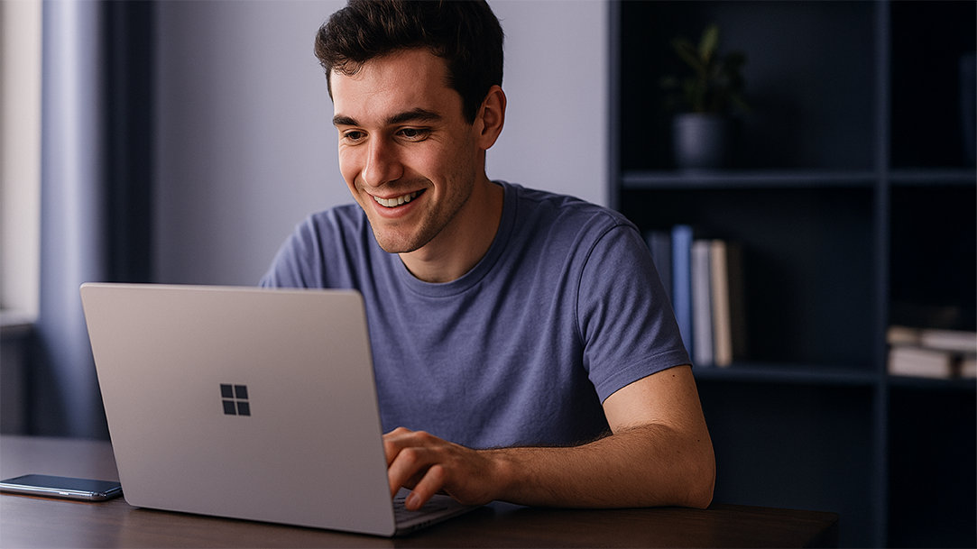 A young man learning how to use his Windows laptop for the first time