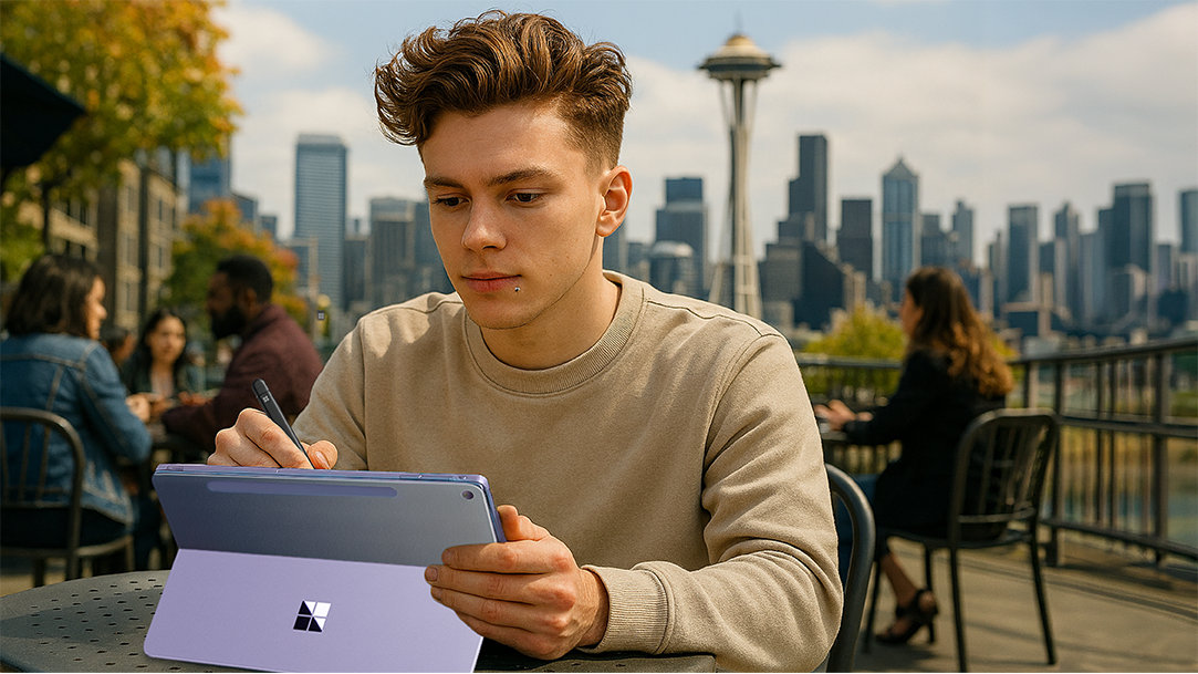 A young man male sitting at an outside cafe in Seattle using a stylus with his Surface Pro