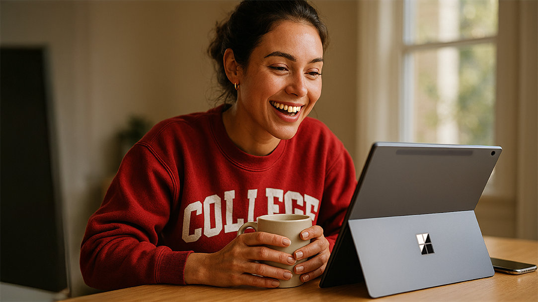 A young woman confident and enjoying prepping and practicing with Copilot AI for an upcoming job interview