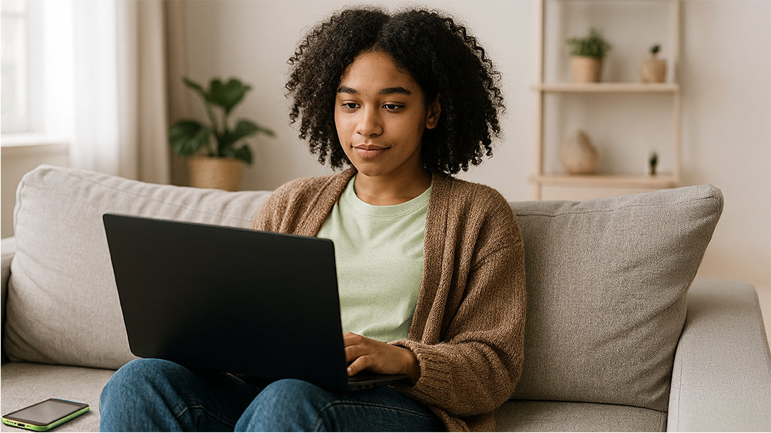 A young woman searches for the best computers on her laptop