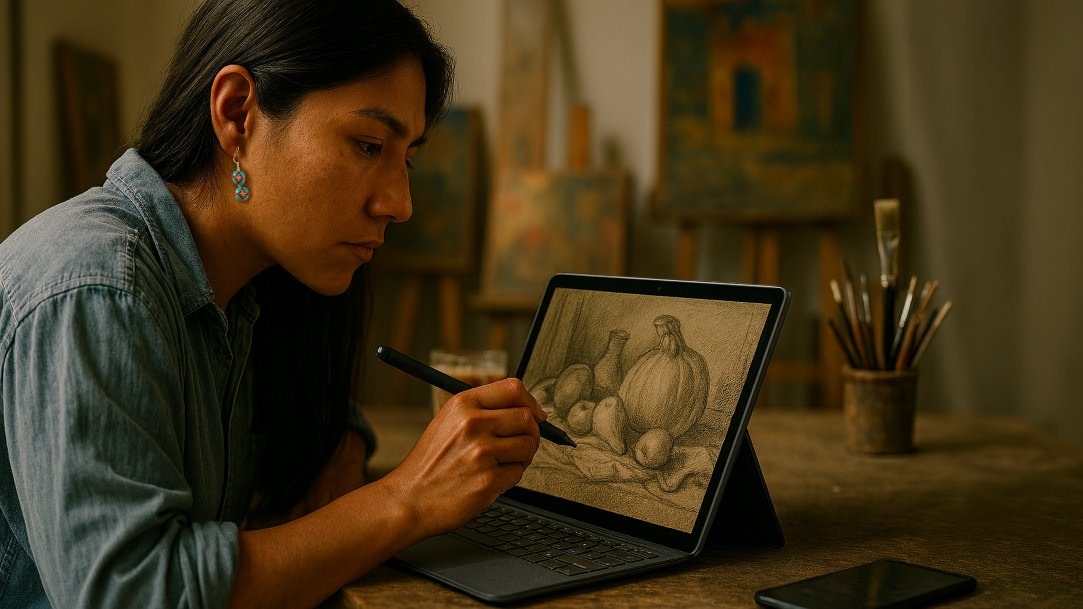 A young woman sketches using a Surface Slim Pen to sketch fruits and vegetables on a Surface Pro touchscreen