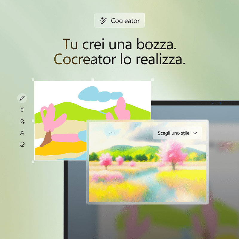 Vista parziale di un portatile aperto che mostra file con l'immagine di Cocreator ingrandita, strumenti di modifica e un'icona su uno sfondo verde chiaro
