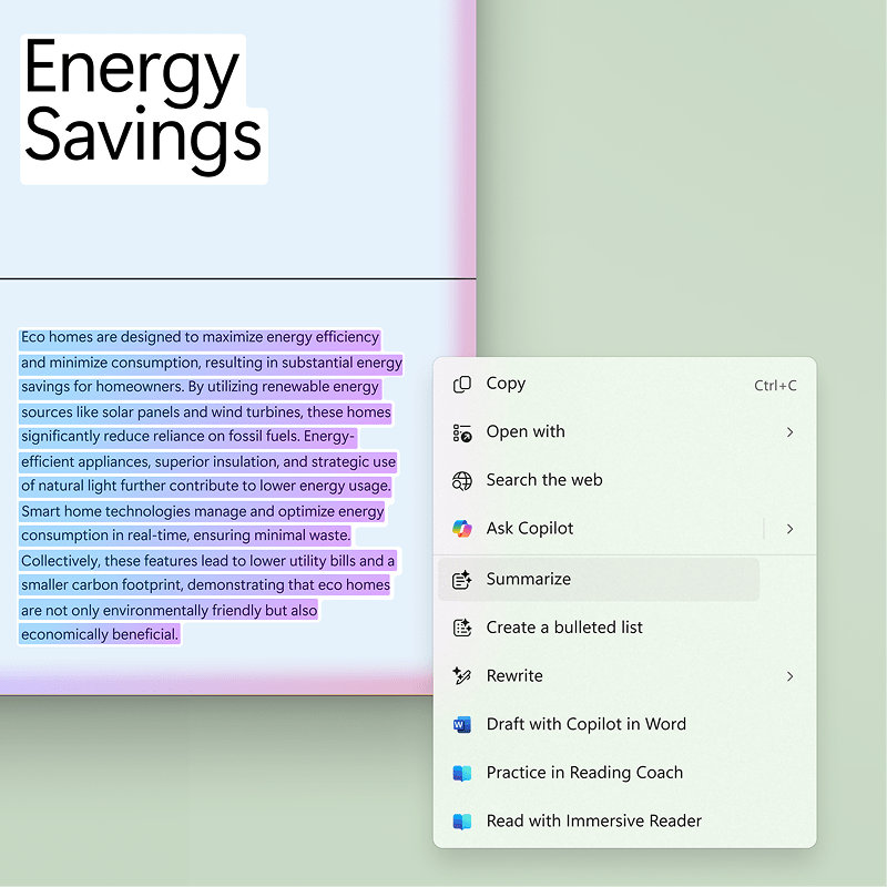 A partial view of a laptop screen with an enlarged article and context menu showing various command options on a light green background