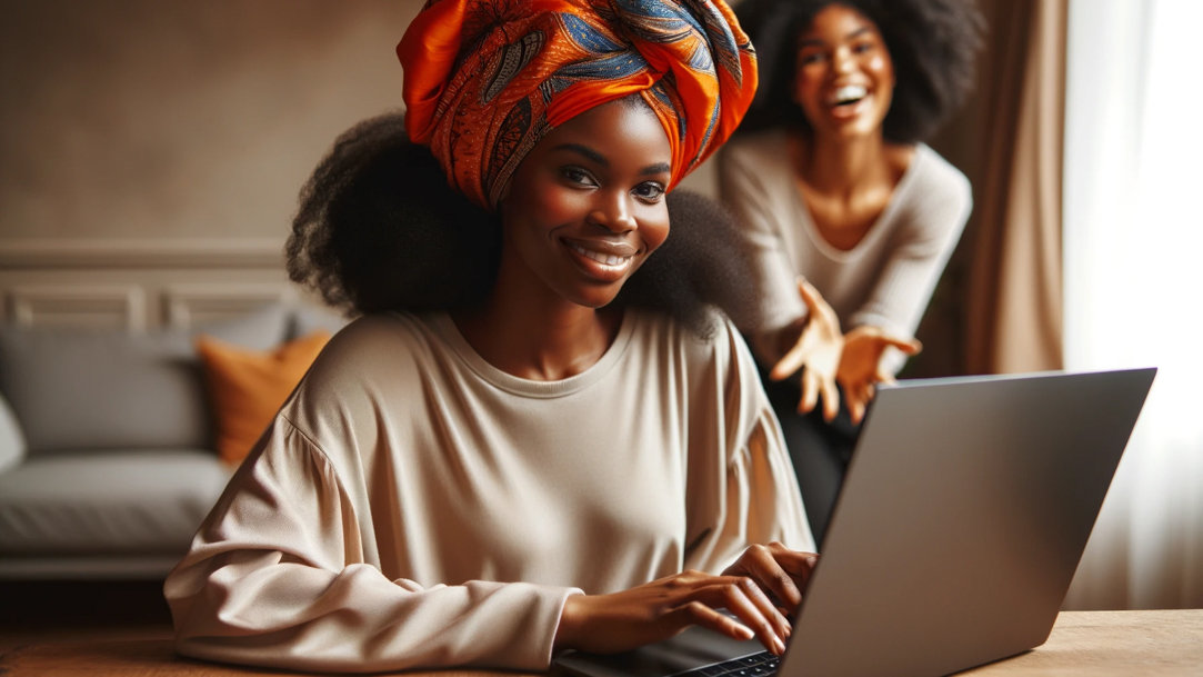African-American woman typing on a computer and smiling.