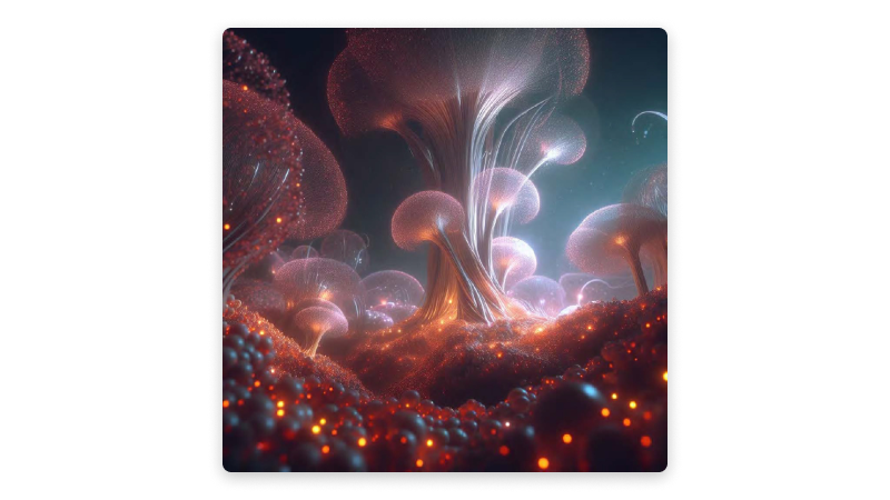 Alien plants surrounded by luminous particles in a dreamlike setting