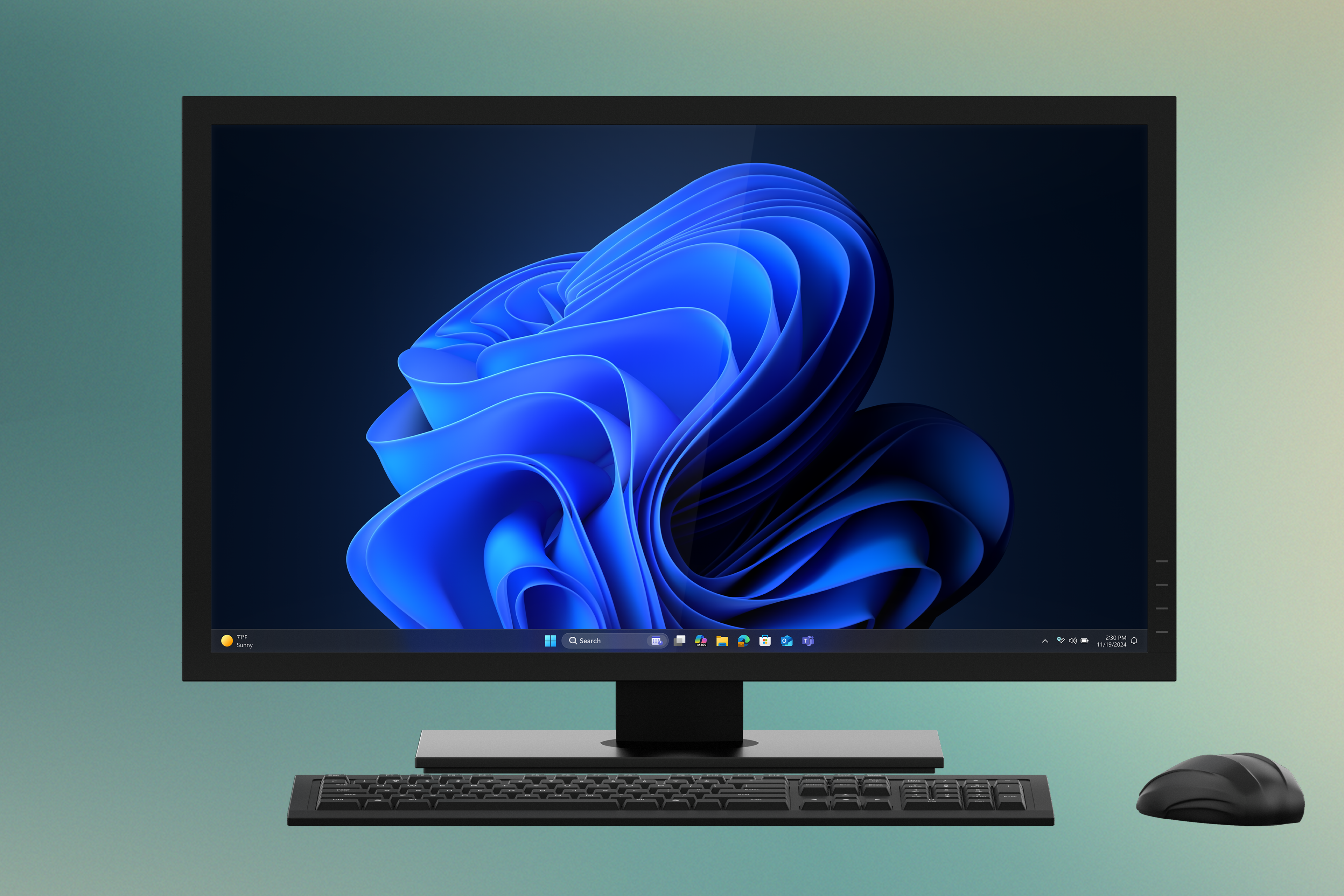 A monitor displaying the Windows blue bloom image with keyboard and mouse against a gradient green background