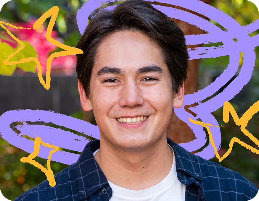 Smiling person in a checkered shirt with colorful hand-drawn star and swirl doodle accents in the background
