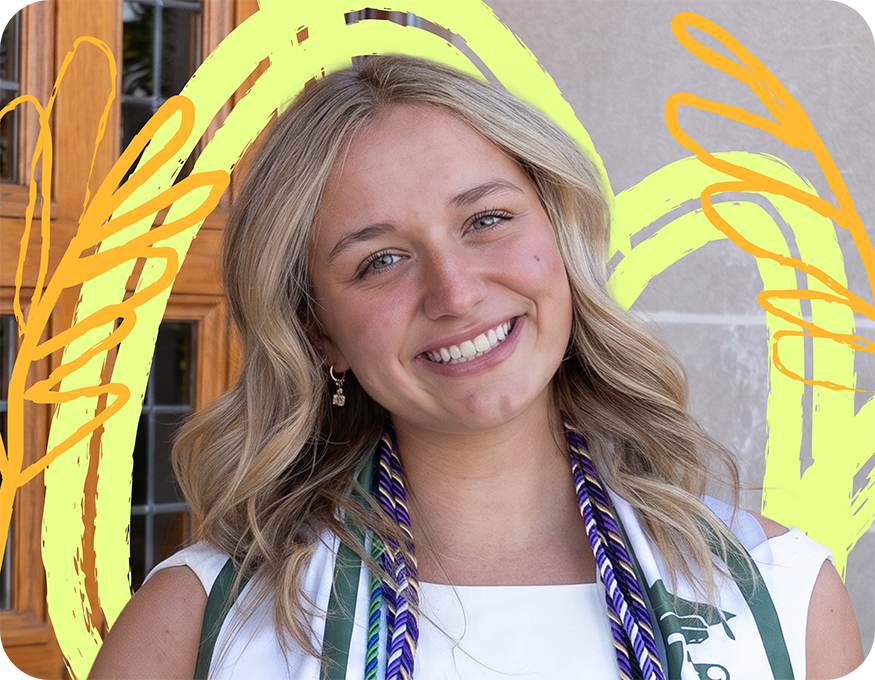 Person with long wavy hair smiling, wearing a white top and colorful cords, with yellow hand-drawn doodle accents behind portrait