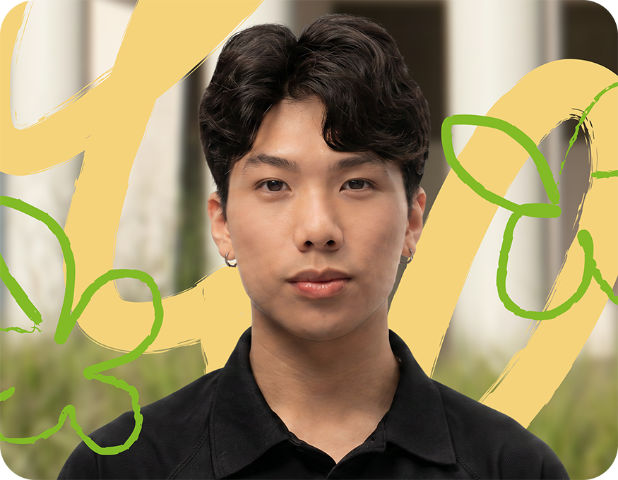 Portrait of a person in a black shirt with yellow and green hand-drawn doodle accents in the background