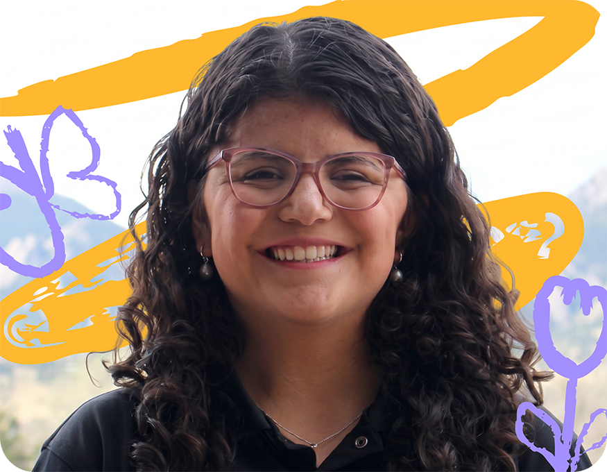 Person with curly hair and glasses in a black top with yellow and purple hand-drawn doodle accents around the portrait