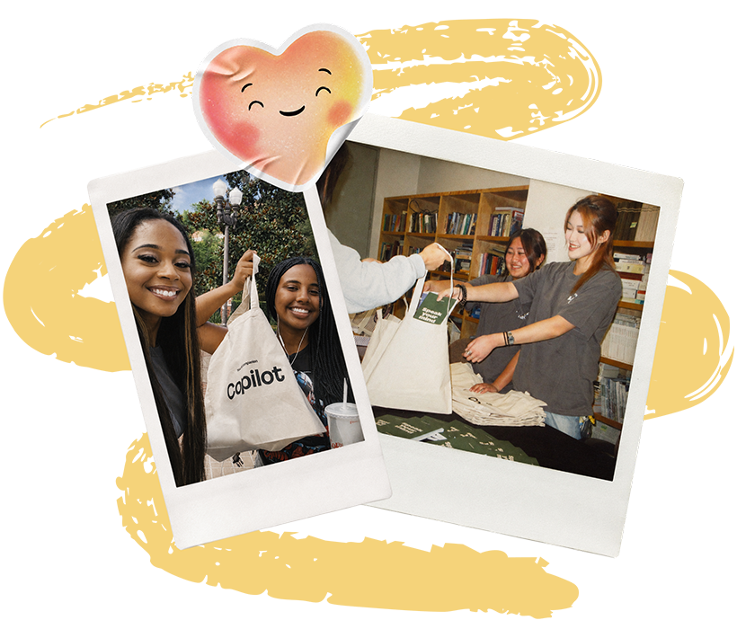 Two overlapping Polaroid photos of people receiving Copilot-branded tote bags, set over a yellow brushstroke background with sticker comments