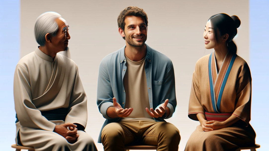 An American man having a conversation with two Japanese people wearing traditional dress