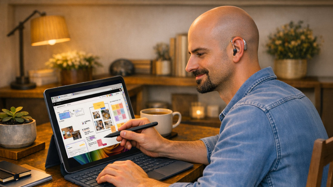 An adult male uses Whiteboard on his Surface Pro in his home office