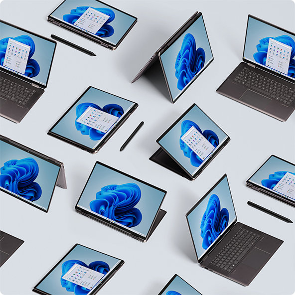 Una variedad de dispositivos Windows 11 que muestran la flor de Windows