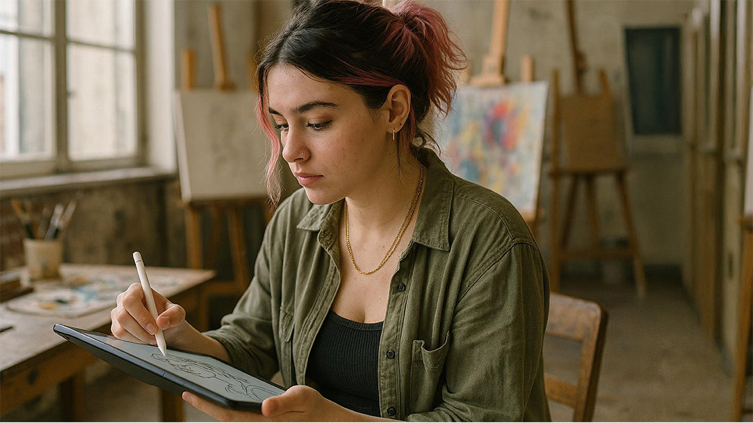 An artist draws on her tablet using the Windows drawing app, Paint