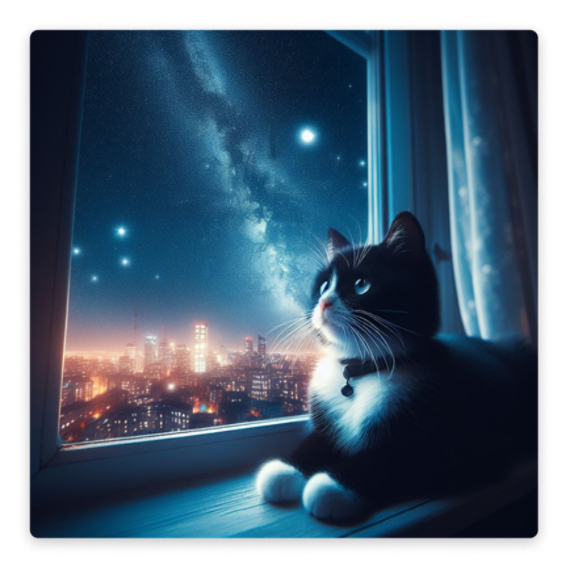 An astrophotography image of a small black and white cat sitting on a windowsill