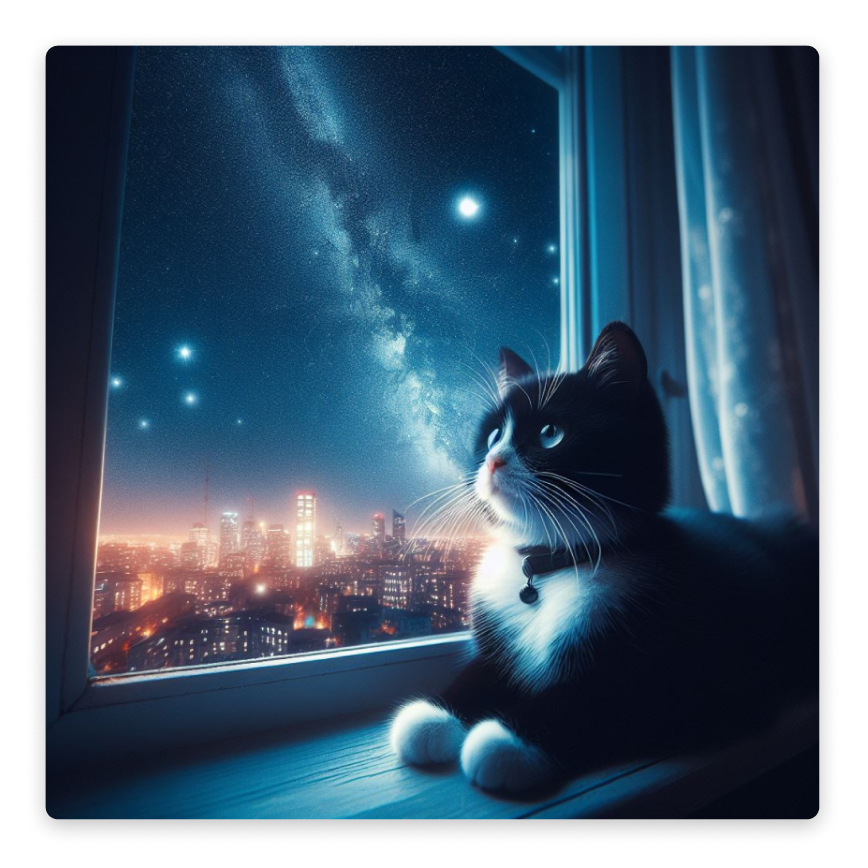 An astrophotography image of a small black and white cat sitting on a windowsill