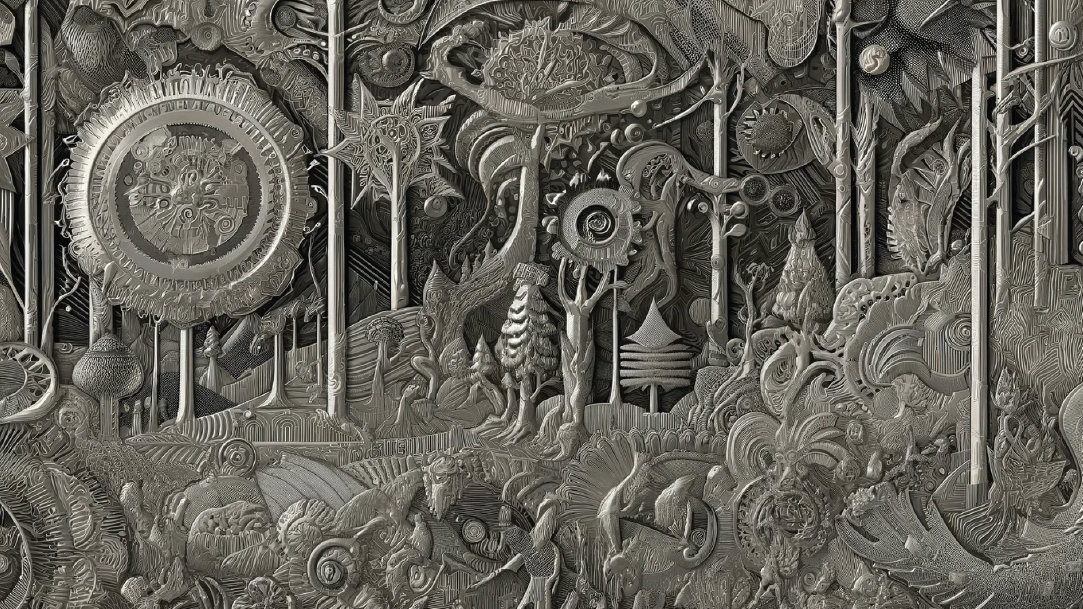 An avant-garde, metal-etch illustration with a forest of yokai