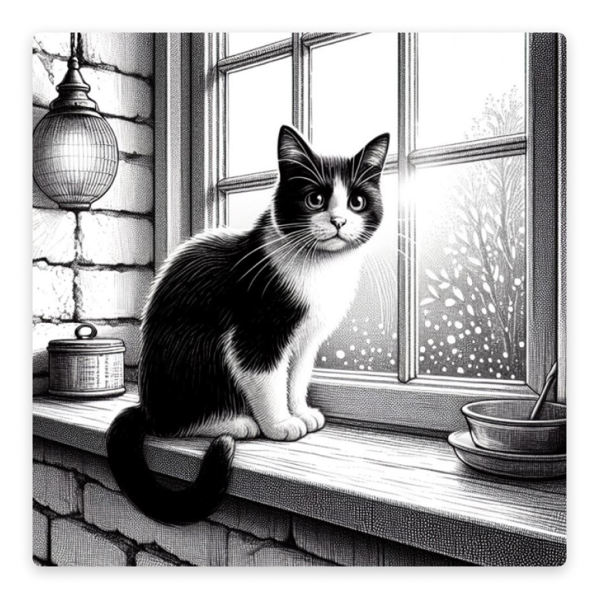 An editorial illustration of a small black and white cat sitting on a windowsill