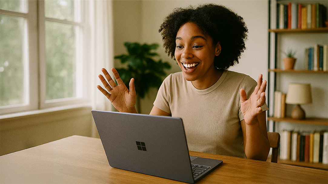An elated person over her AI agent results on her Surface laptop computer
