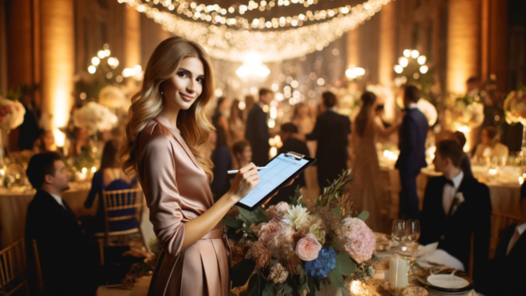 An event planner revising a checklist at a wedding